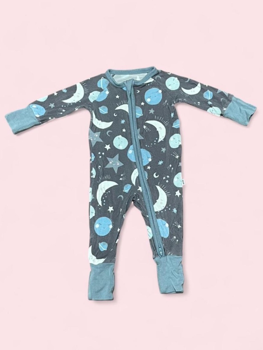 Little Sleepies Newborn Zippy Blue To The Moon & Back Bamboo Sleeper GUC